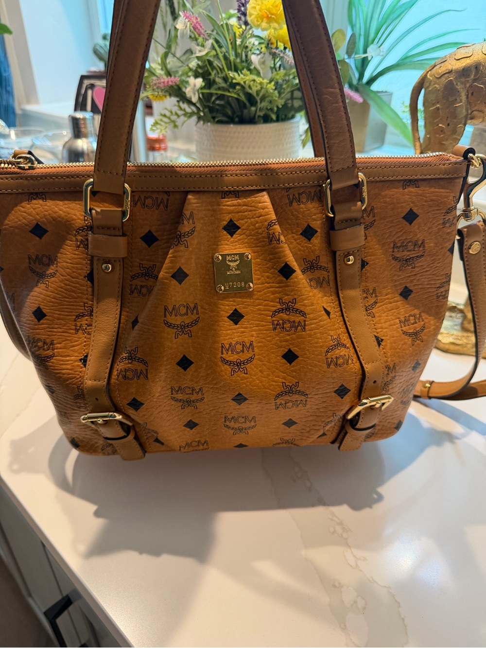 Authentic MCM Visetos Cognac Crossbody Tote